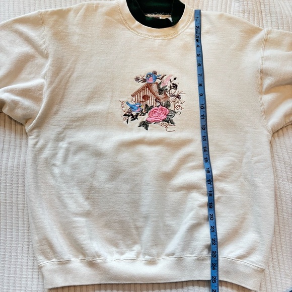 Grandma Sweater Faux Turtleneck Embroidered Bird House, Birds & Floral Design L - Picture 8 of 8
